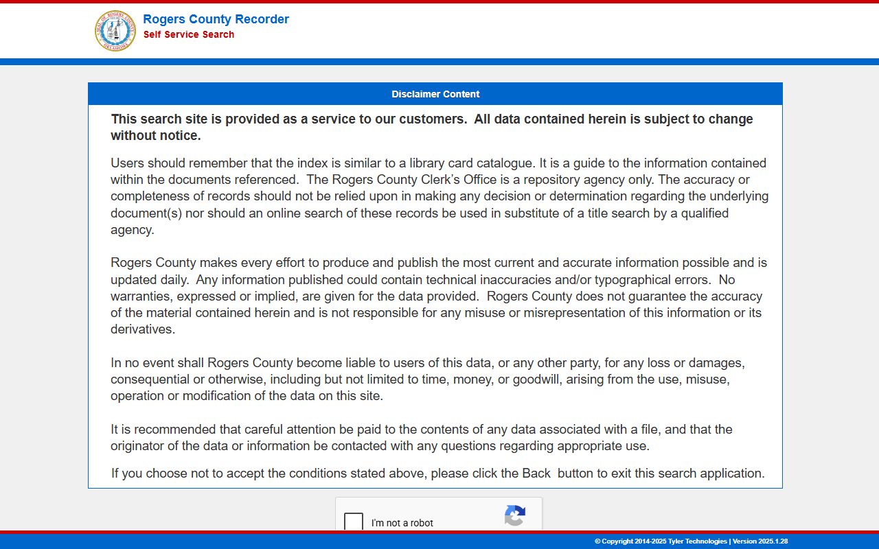Tyler recorder self service disclaimer for Rogers County Court records and land index access
