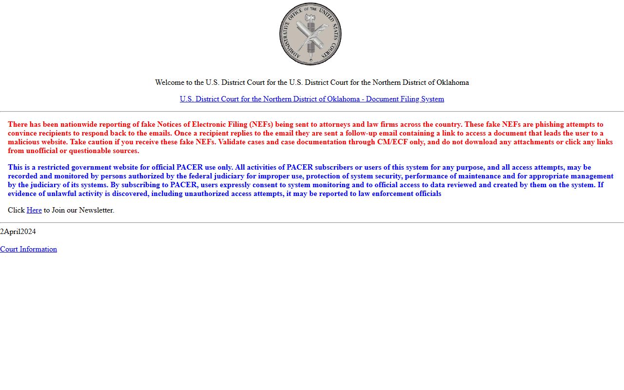 Oklahoma Northern District CM/ECF login for Rogers County court dockets