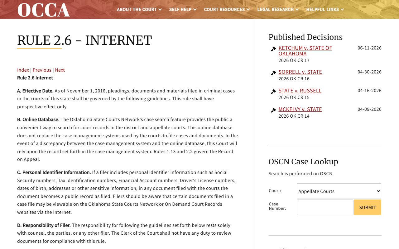 Oklahoma online database rule for Rogers County court dockets, OCCA Rule 2.6