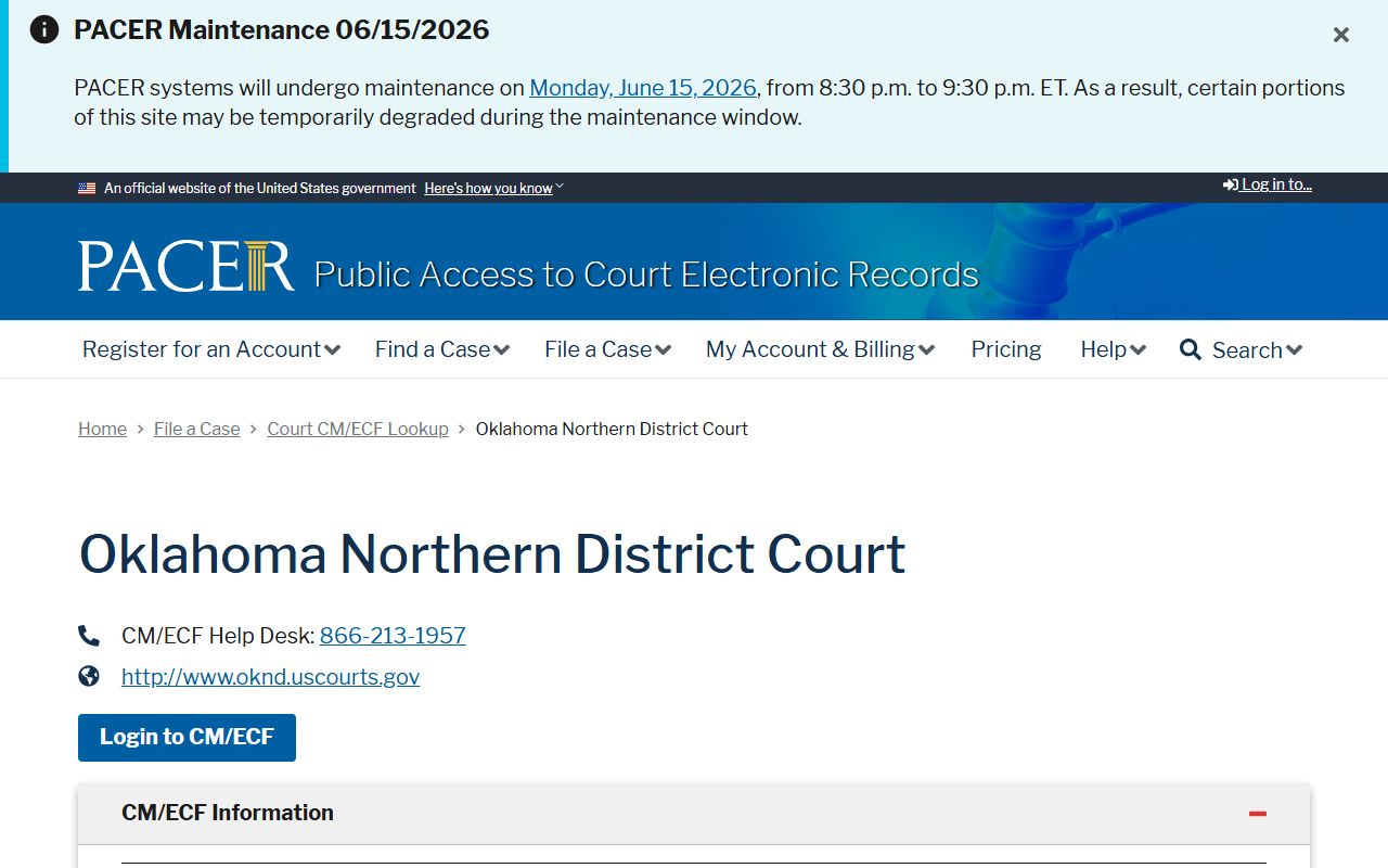 PACER CM/ECF lookup for Rogers County court dockets in the Northern District of Oklahoma