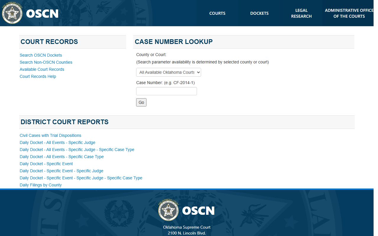 OSCN landing page for Rogers County court records