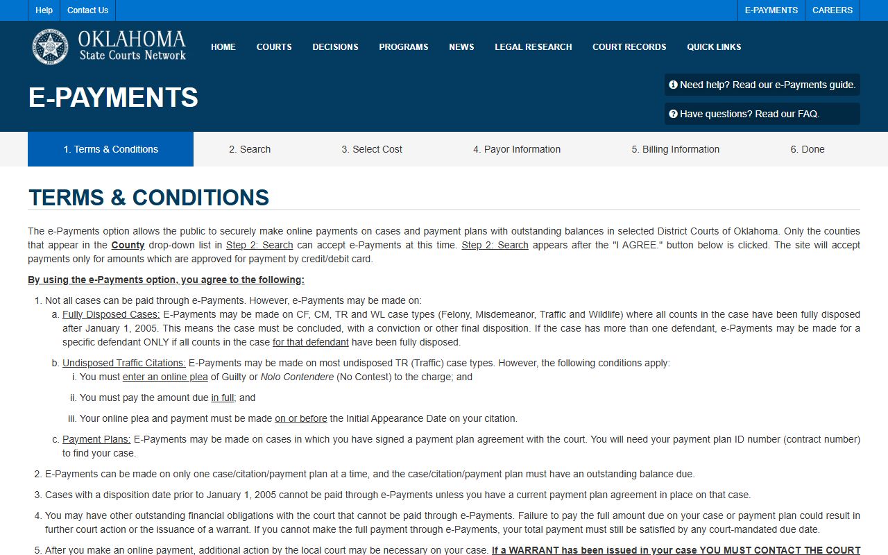 OSCN e-payments page for Rogers County court records fines and costs