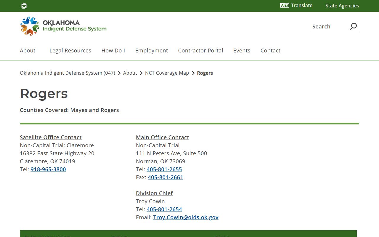 Rogers County District Court OIDS public defender coverage page