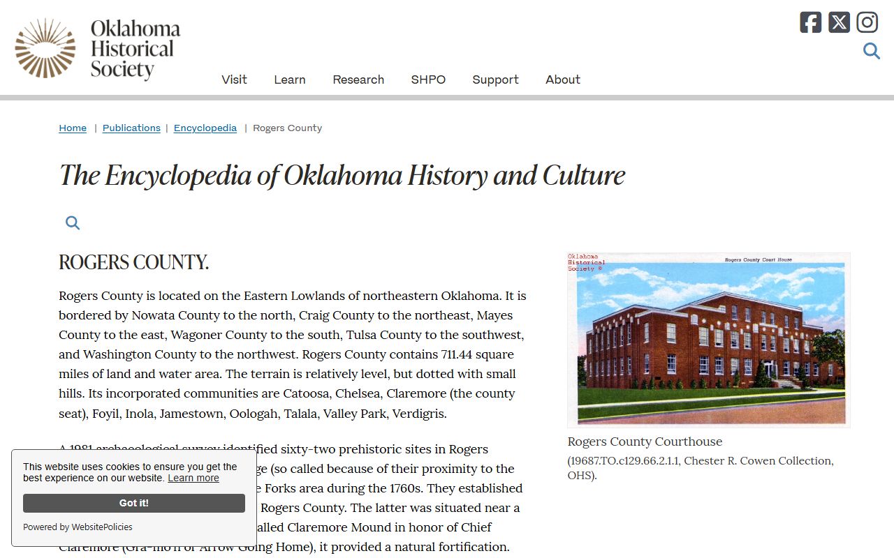 Oklahoma Historical Society Rogers County court records history entry