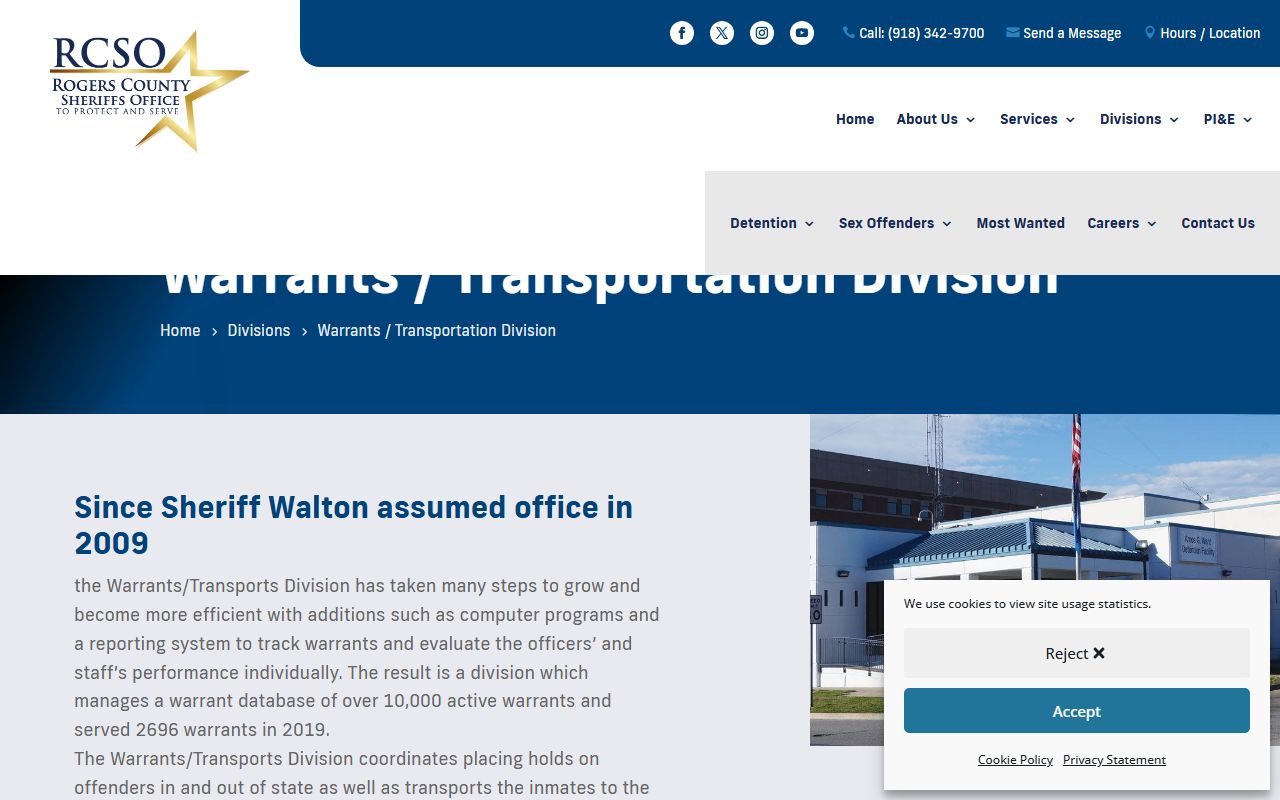 Rogers County warrant page for the Sheriff Warrants and Transportation Division
